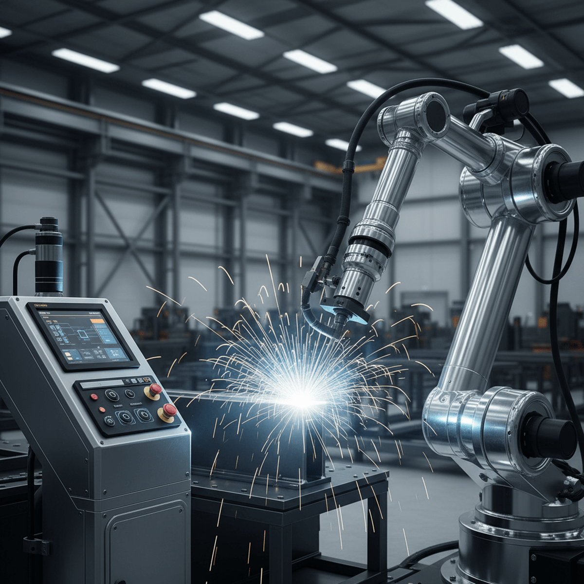Robotic arm performing precise welds in a futuristic, spotless fabrication facility.