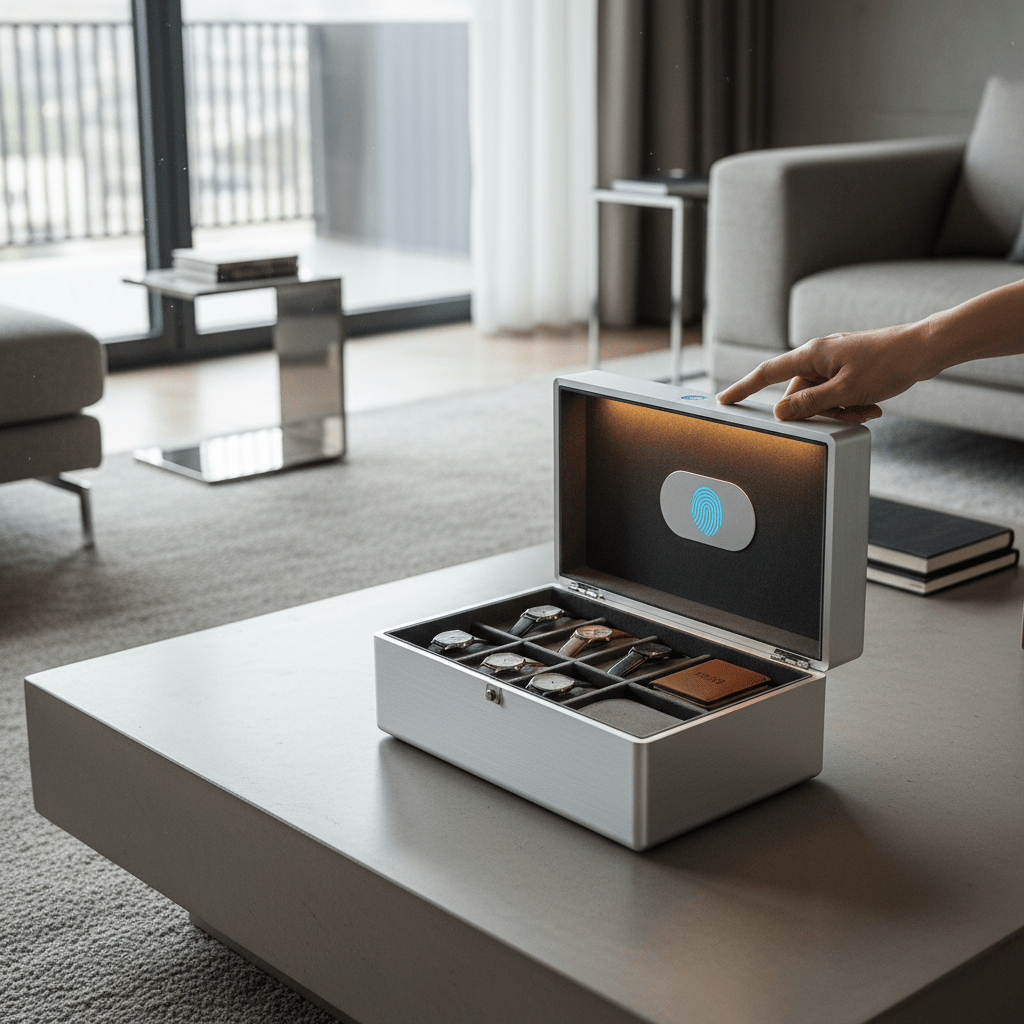 Sleek biometric aluminum box with fingerprint scanner in a modern living room.