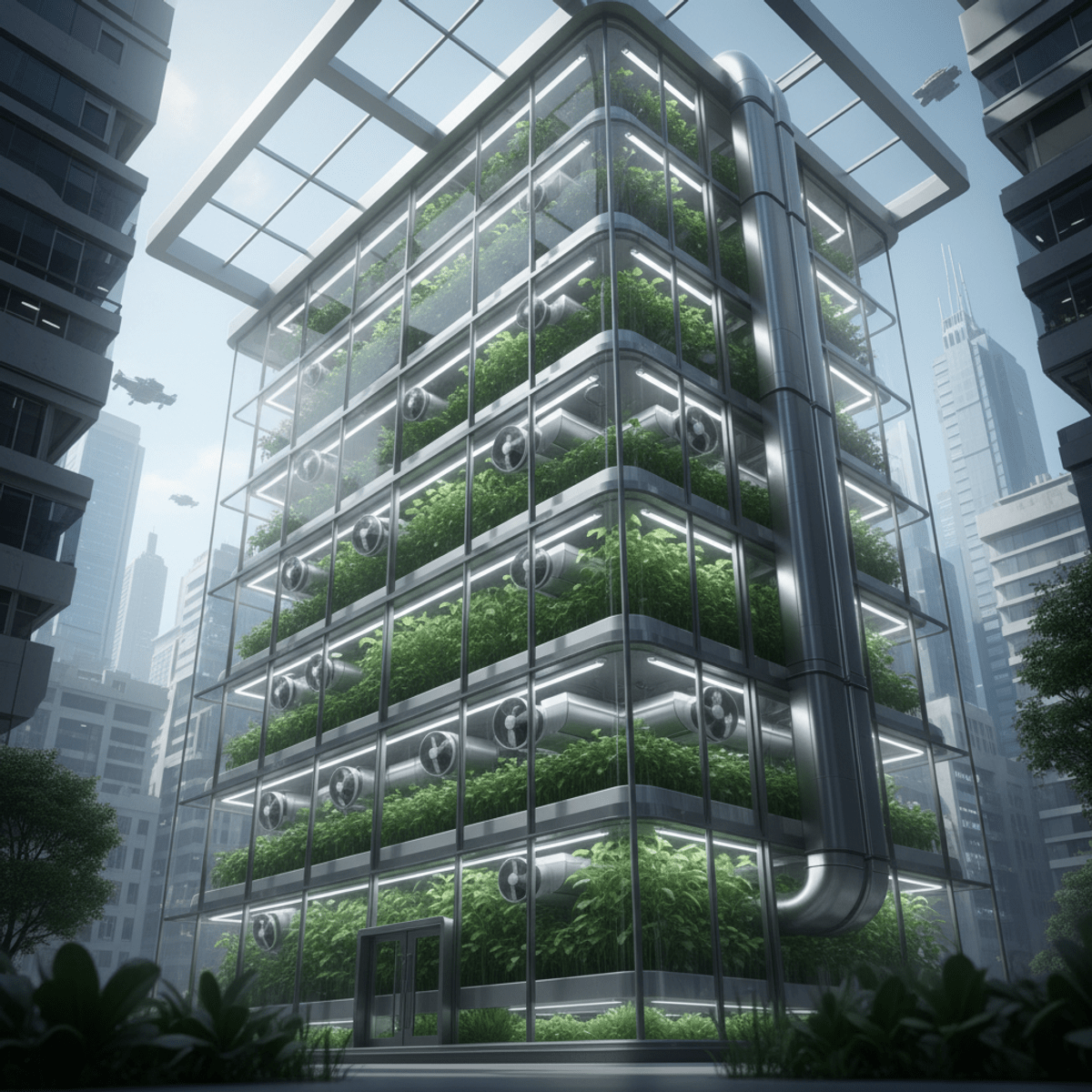 Sleek futuristic vertical farm in a modern urban setting. Futuristic vertical farm in urban skyline with vibrant green crops stacked high.