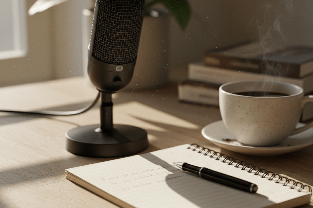 Close-up view of a podcast microphone surrounded by casual desk items under soft natural lighting, emphasizing genuine creator vibes