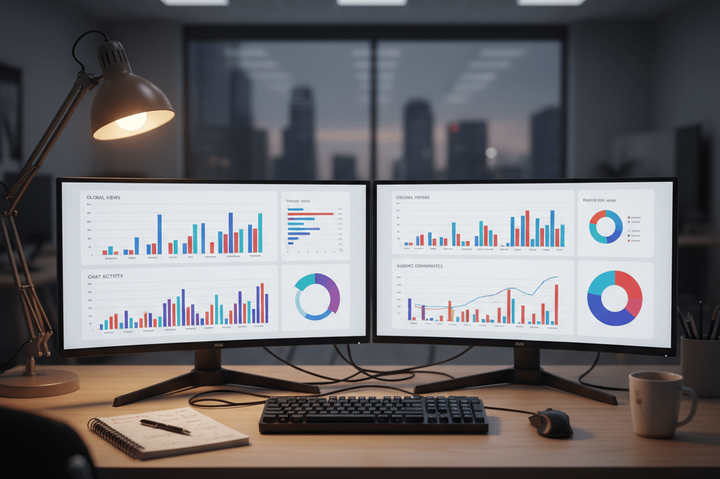 Modern desk setup with monitors showing generic analytics, a notepad, and a coffee mug under warm ambient lighting