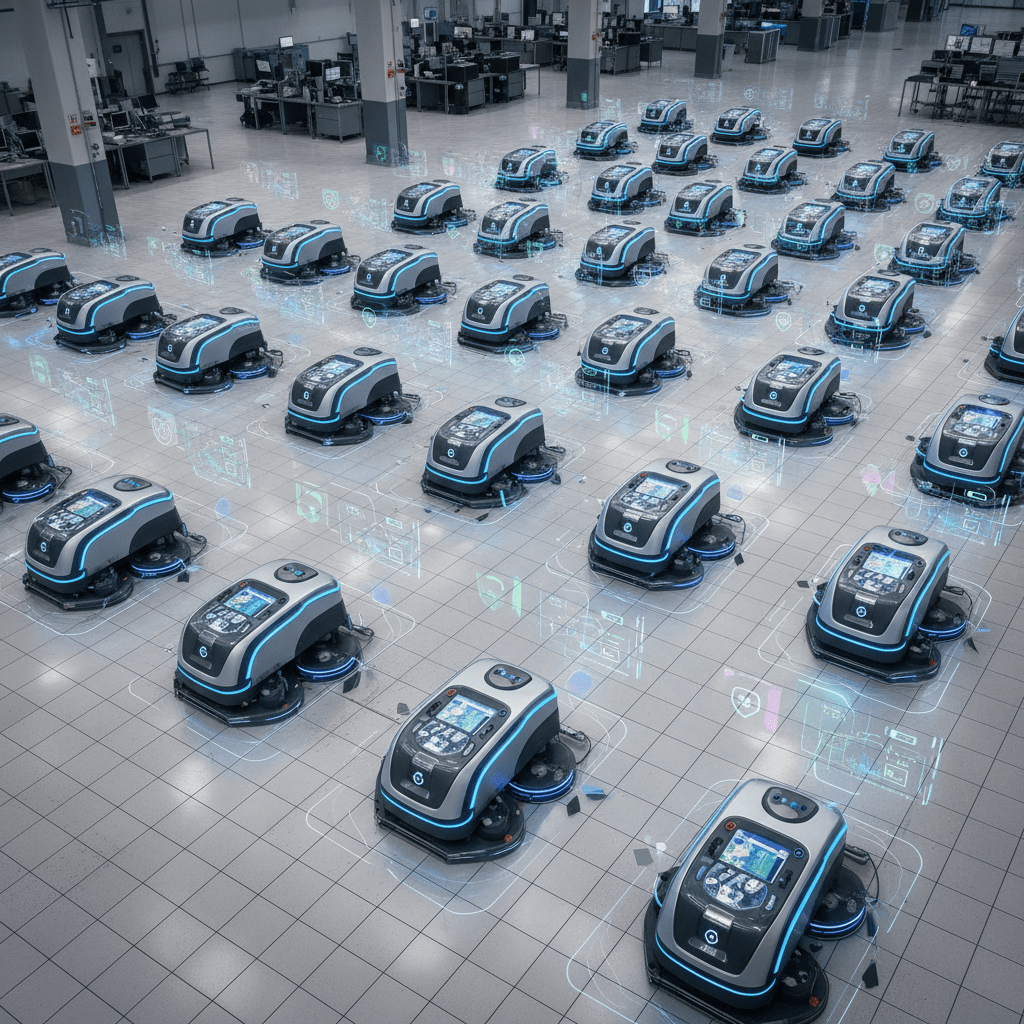 Overhead view of smart tile floor scrubbers working in a modern industrial facility.