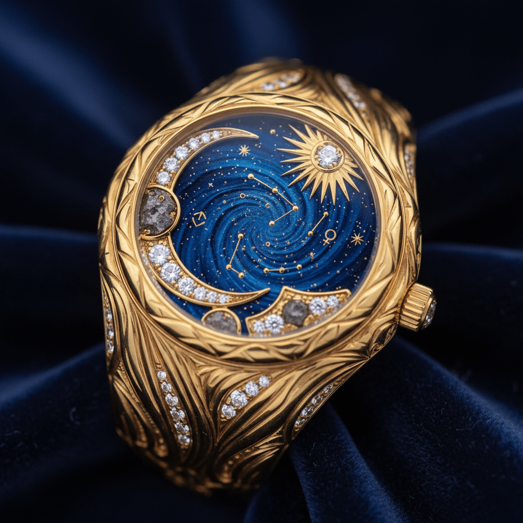 Luxurious ring watch with deep blue aventurine dial and gold constellation patterns.