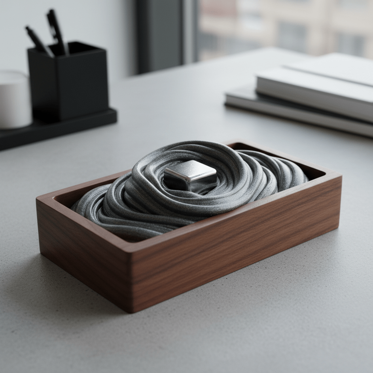 Fidget putty with magnet creating liquid wave shapes Metallic-infused fidget putty forms liquid waves around a polished neodymium magnet.