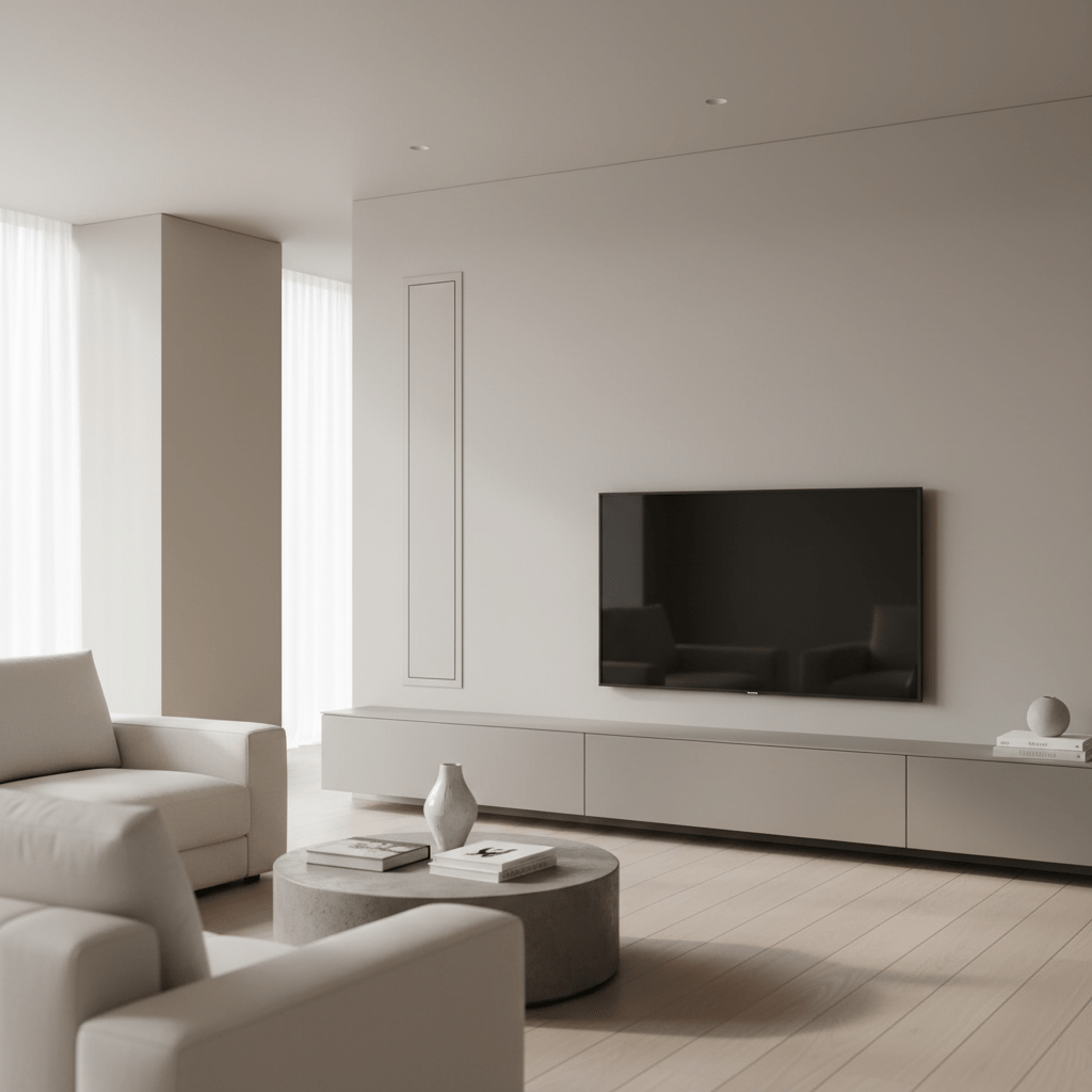 Flush-mounted air conditioner seamlessly integrated into a beige wall in a minimalist living room.