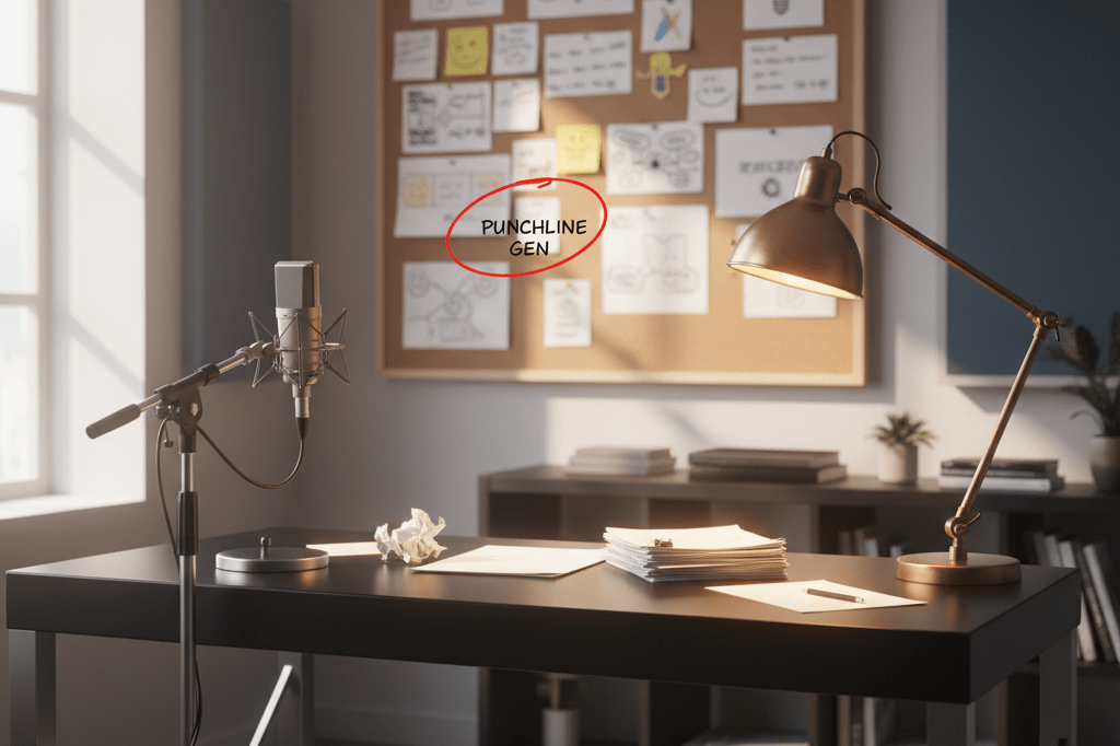 Sleek desk with microphone, scripts, and corkboard in a warm, naturally lit comedy studio environment