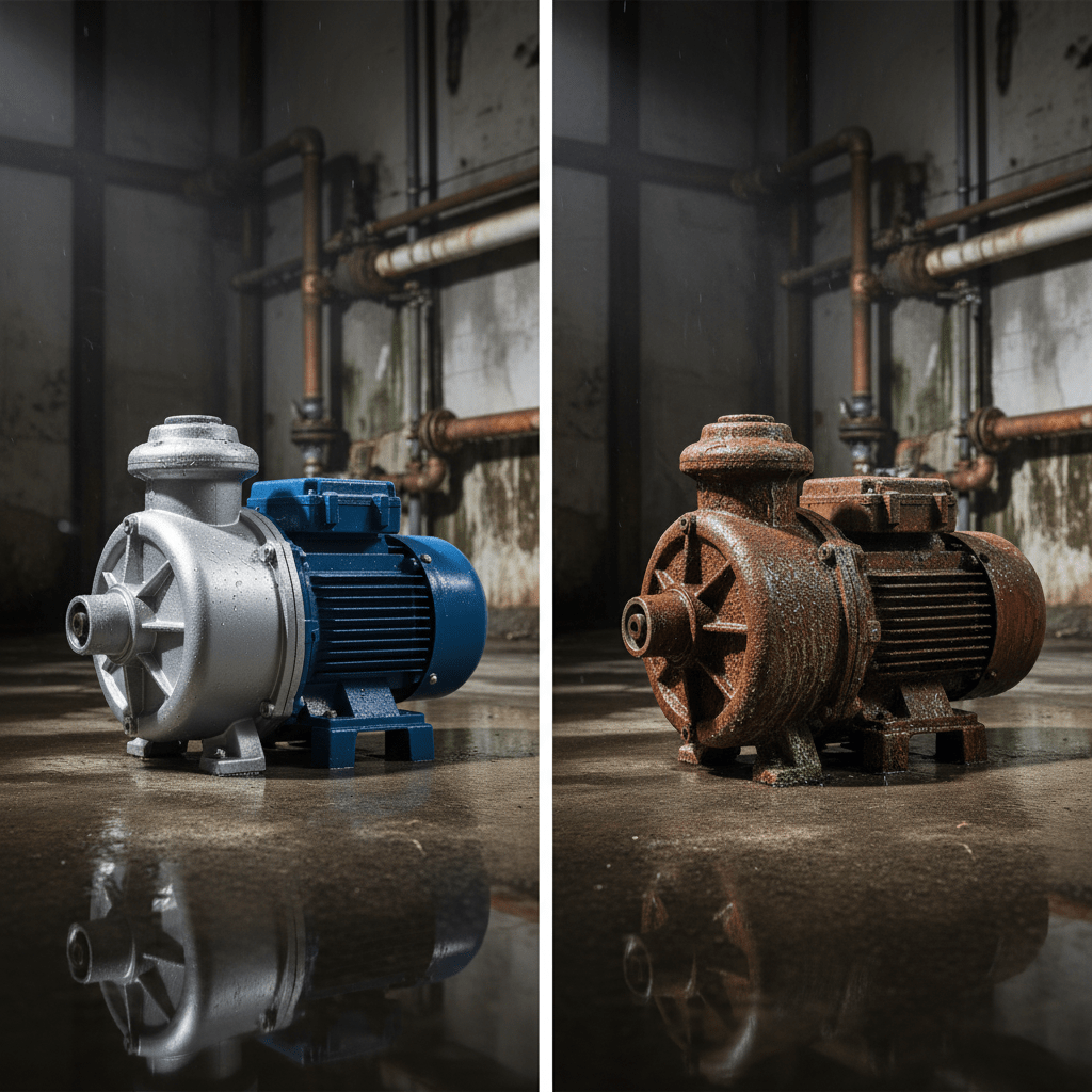 New fiberglass pump contrasts with a rusted cast iron pump on a wet workshop floor.