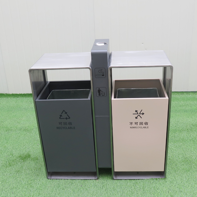 Outdoor Metal Recycling 2 Compartments Compost Dustbin Urban Steel Trash Can