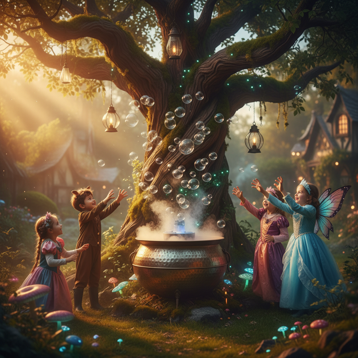 Children in costumes reach for fog bubbles in a magical backyard during golden hour.