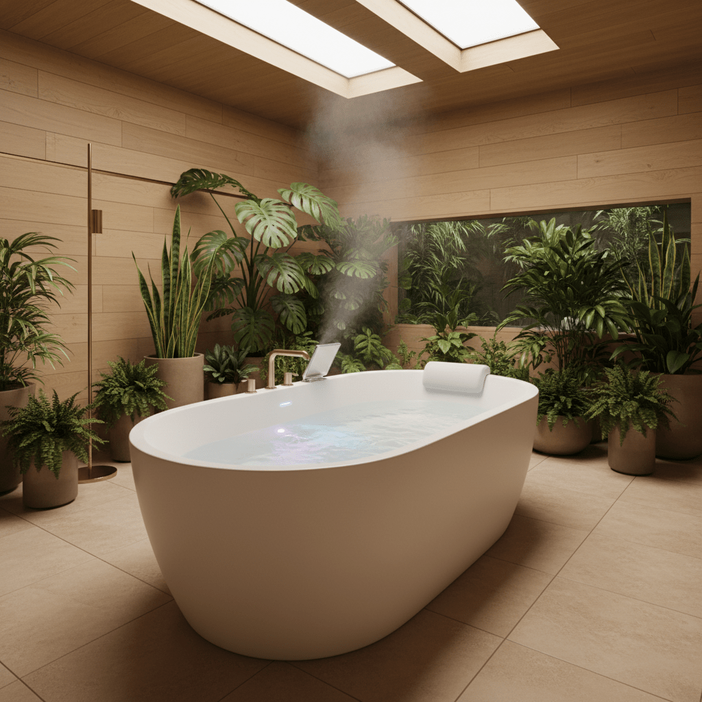 Minimalist oval soaking tub in a contemporary wellness space with aromatherapy and chromatherapy.