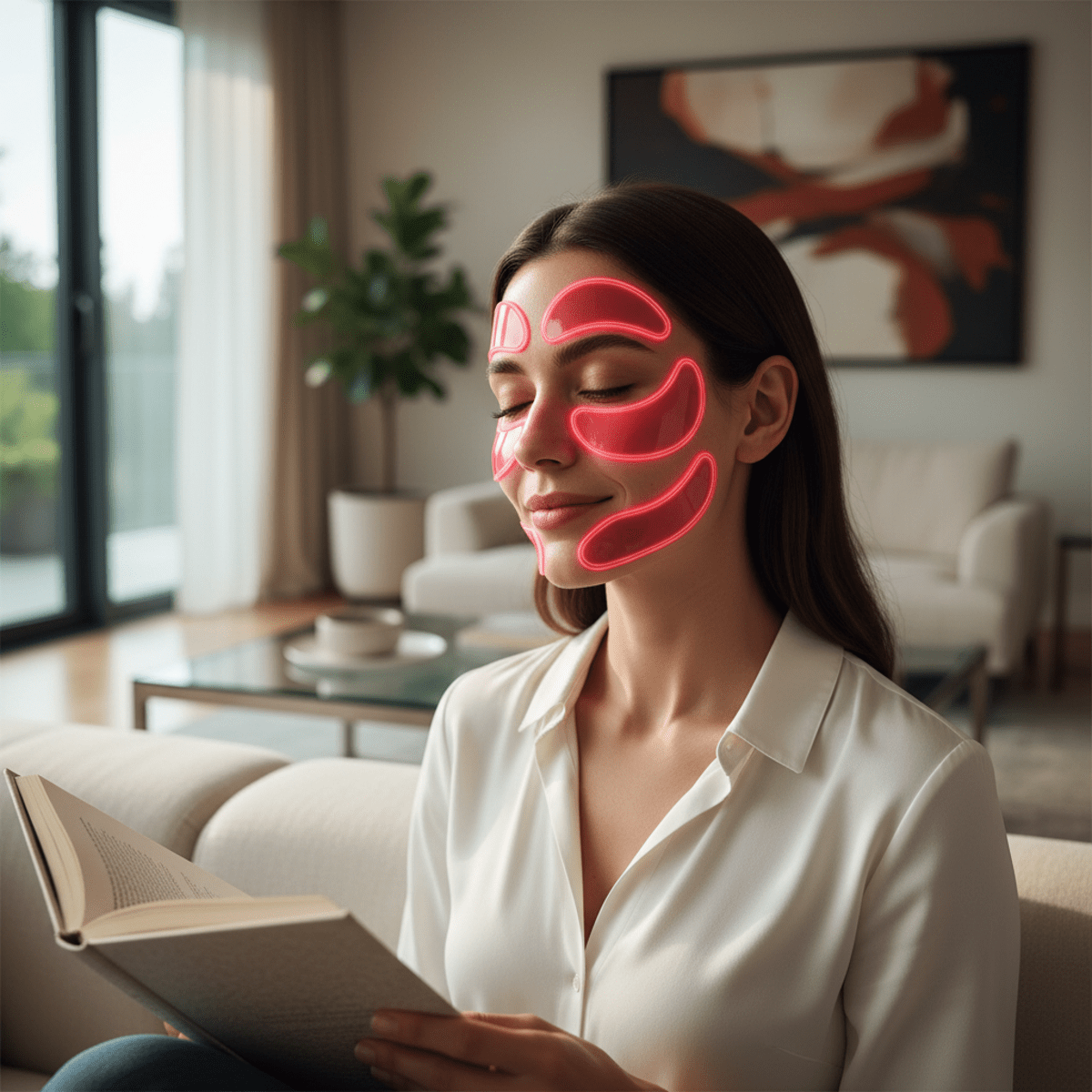 Flexible red light therapy patches on face, glowing with futuristic design.