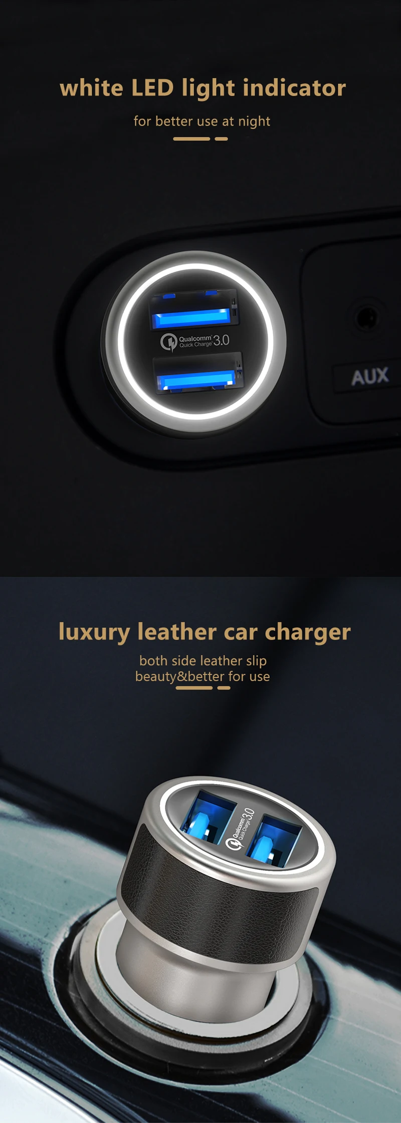2020 new arrival full metal and leather dual qc 3.0 car charger