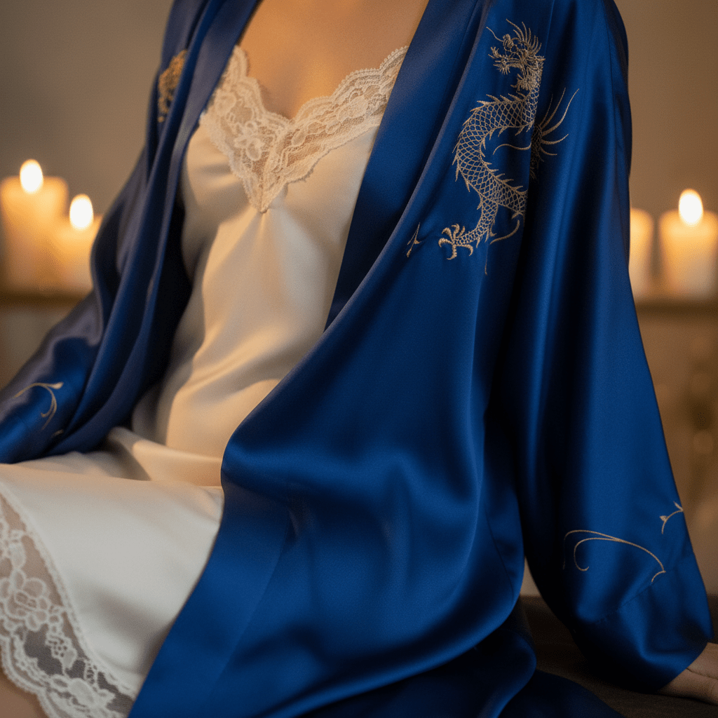 Lace-trimmed slip dress under a silk robe with dragon motif embroidery.