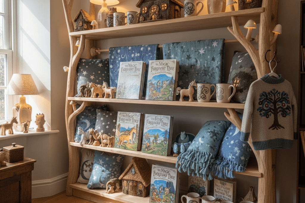 Bookshelf showcasing themed fantasy products including books, toys, and decor under warm ambient light, inspiring immersive shopping experiences
