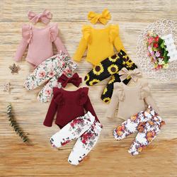 Newborn Baby Girl Clothes 2020 Autumn Ribbed Ruffles Romper Floral Pants Headband Toddler Clothing Set Infant Girls Outfits