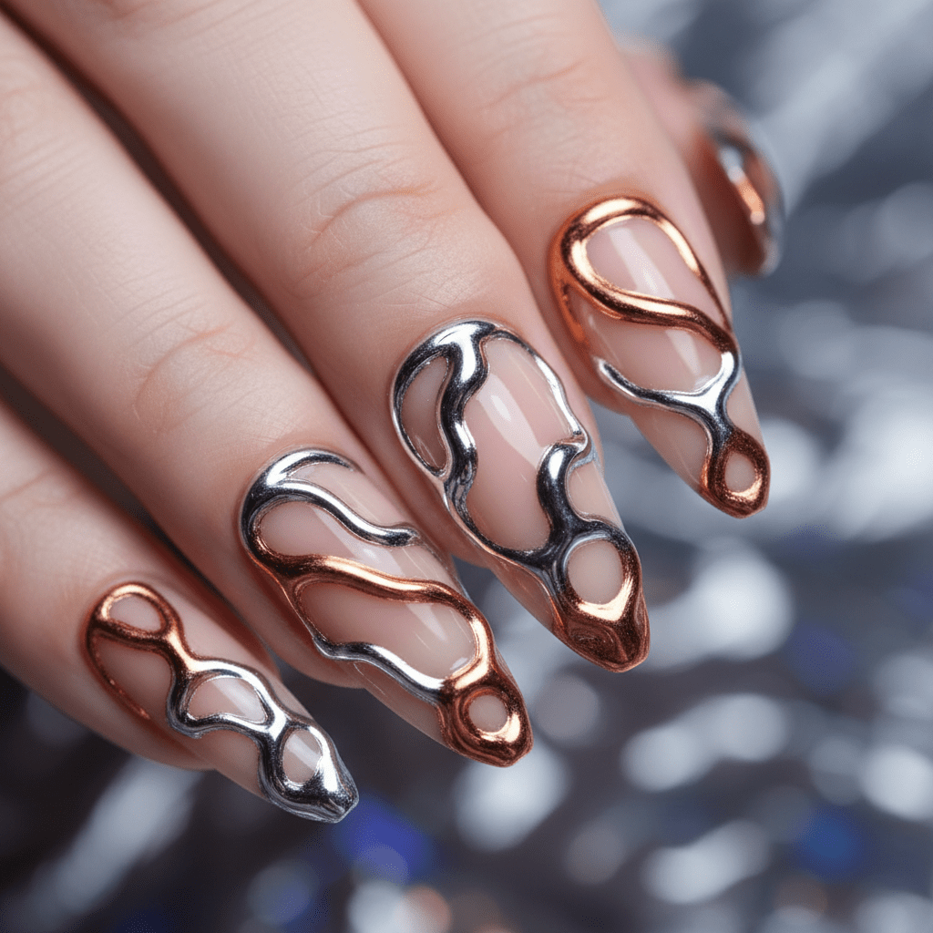 Futuristic almond nails with flowing silver mercury and iridescent copper streams.