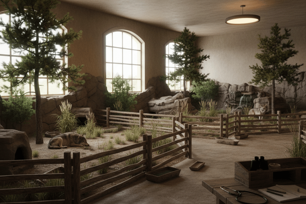 Warmly lit wildlife habitat area with natural elements and minimal equipment, symbolizing ethical animal care