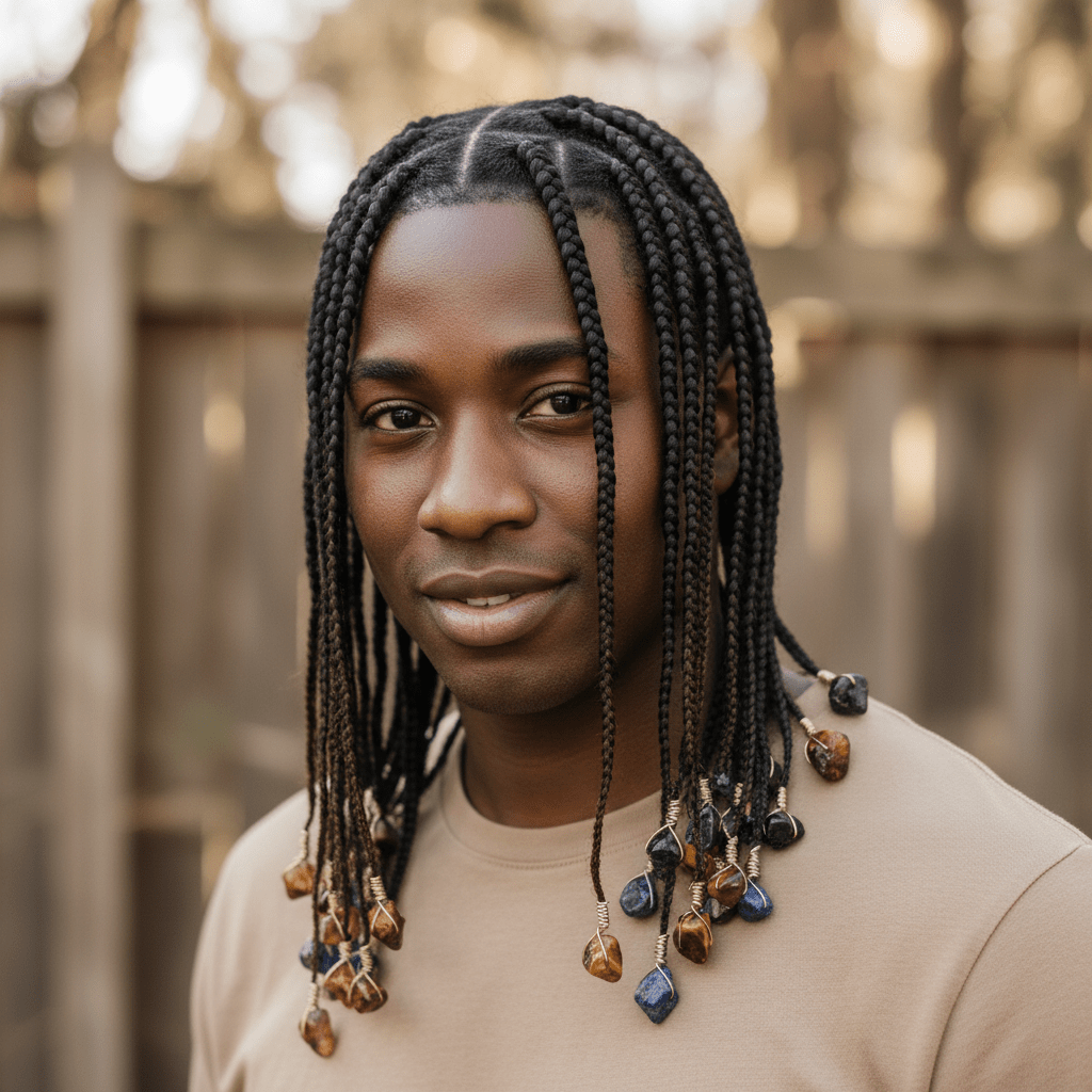 Black male with freestyle Fulani braids adorned with raw gemstones and wire wrapping.