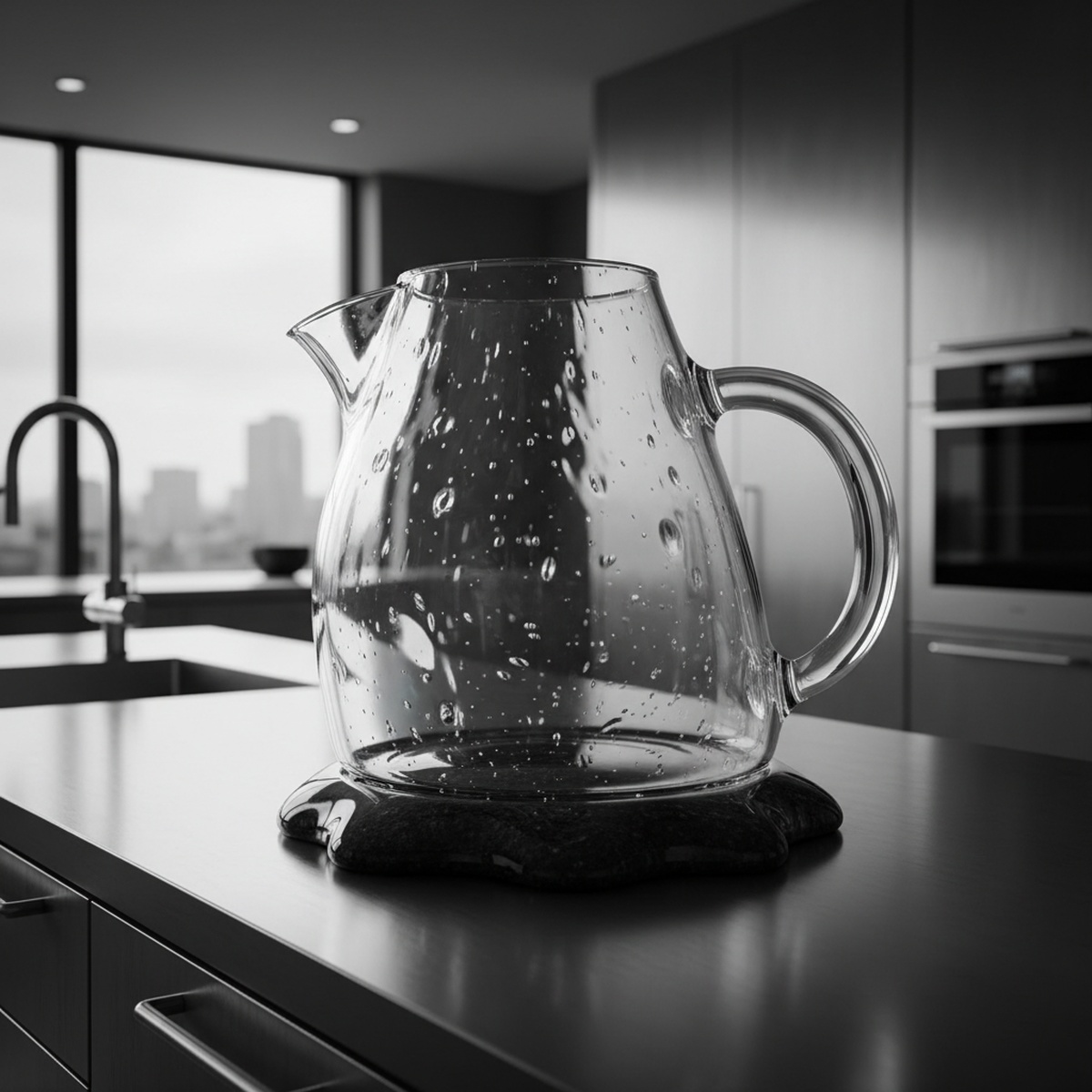 Futuristic sculptural glass kettle with asymmetric form and black granite base.