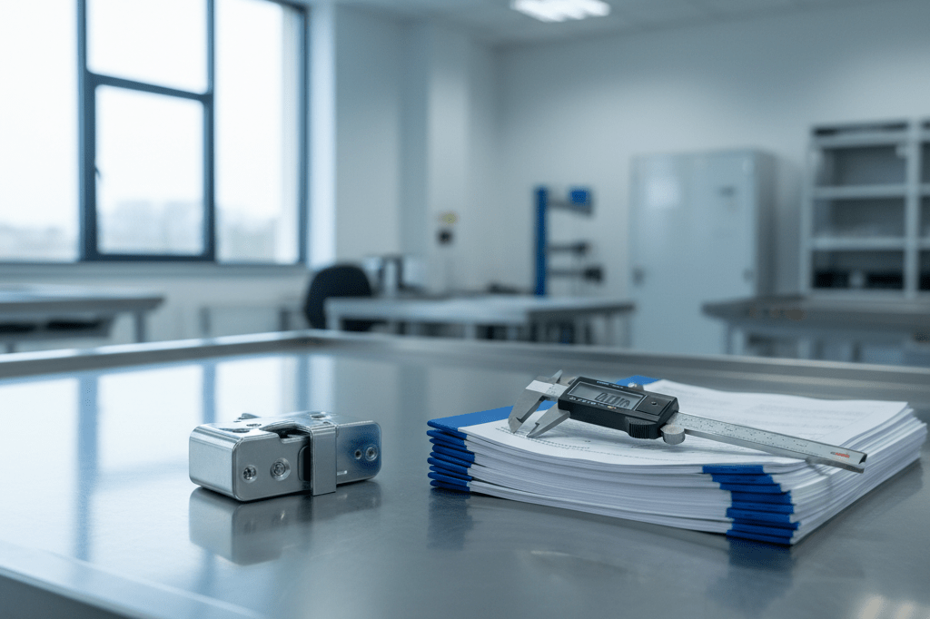 Metal door latch on lab table with tools and reports under natural light showing safety checks