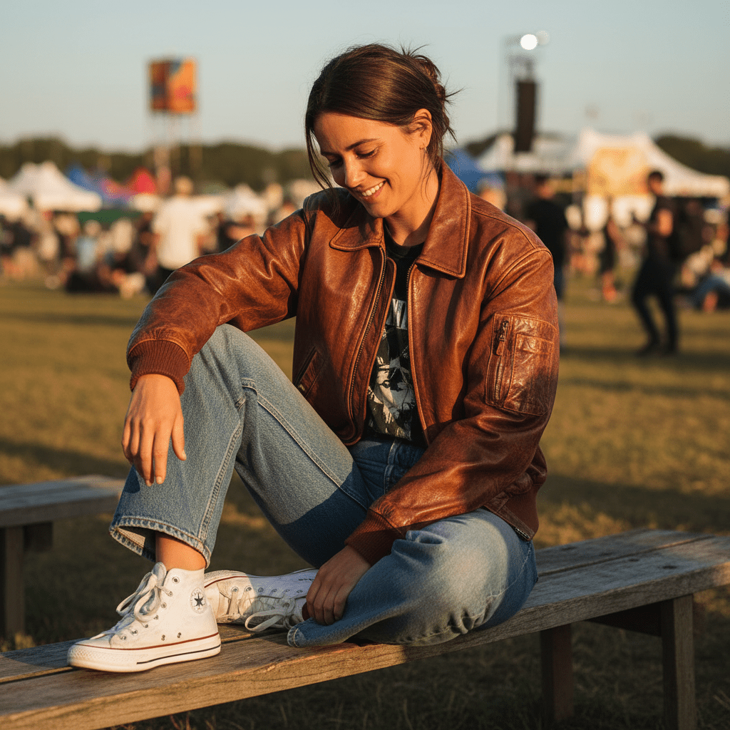 Woman in distressed leather jacket at a music festival during golden hour.