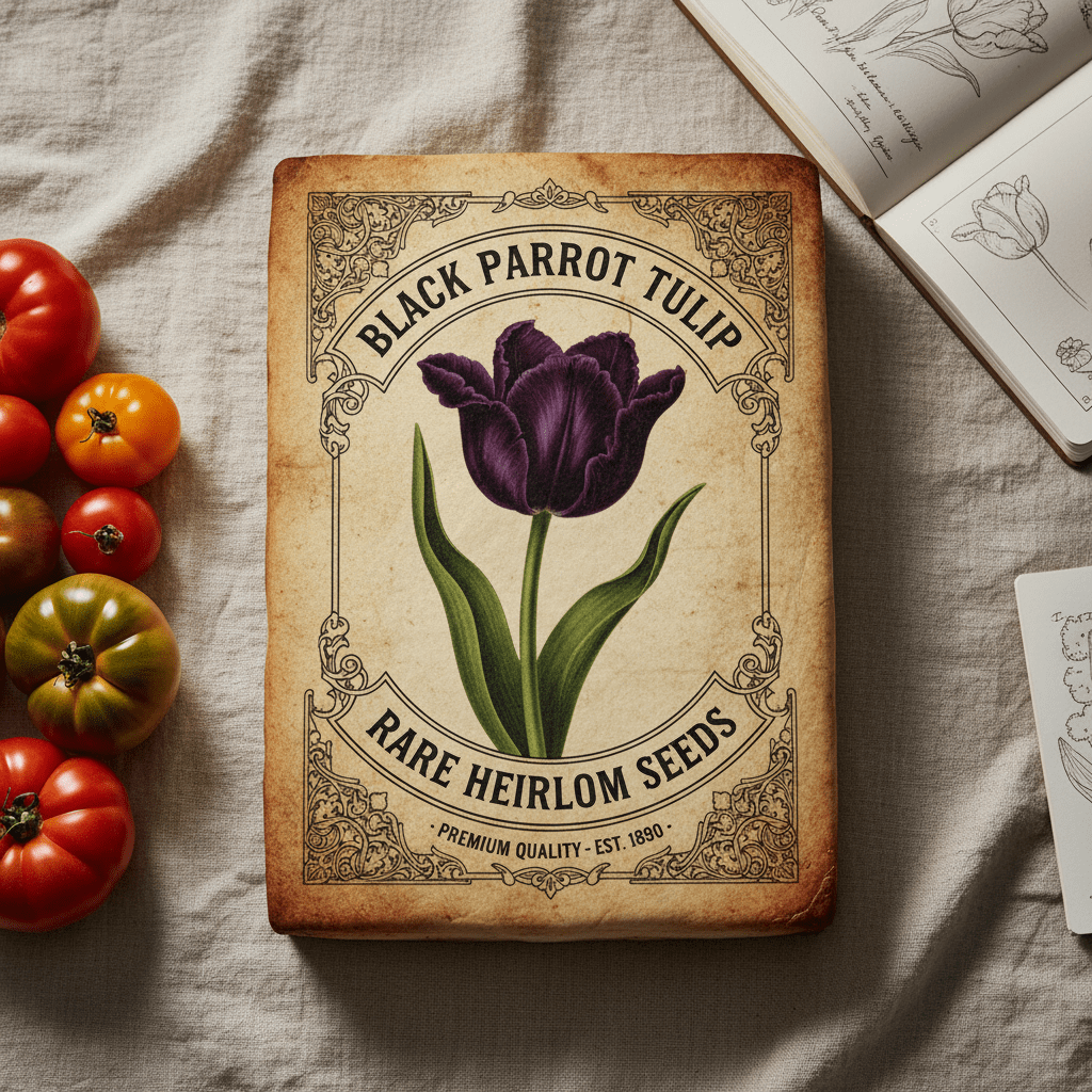 Edible vintage seed packet cake with Black Parrot tulips on linen.