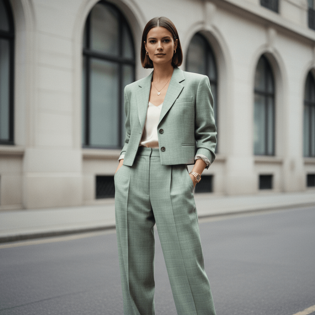 Model in 1995-inspired sage green plaid blazer and wide-leg trousers on city street.