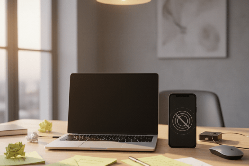 Modern office desk with closed laptop, phone showing no service, and notes under warm ambient lighting, highlighting business communication disruption