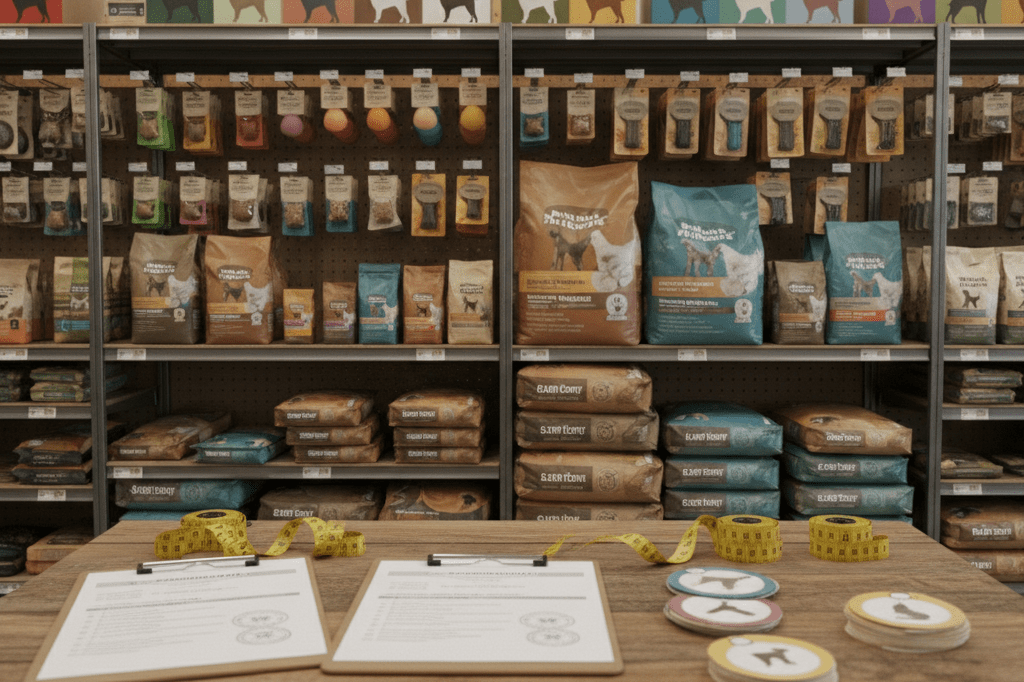 Retail shelf with proportion-based labels and compliance docs showing industry shift from breed-specific merchandising