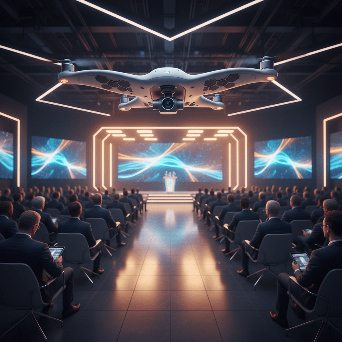 Futuristic mini drone with camera glides over attendees in a corporate conference hall.