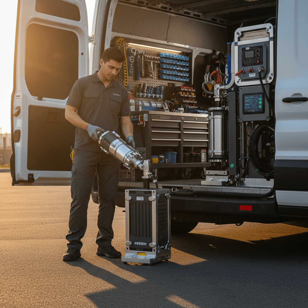 Technician swaps hot-swappable module on truck mount carpet cleaner outdoors.
