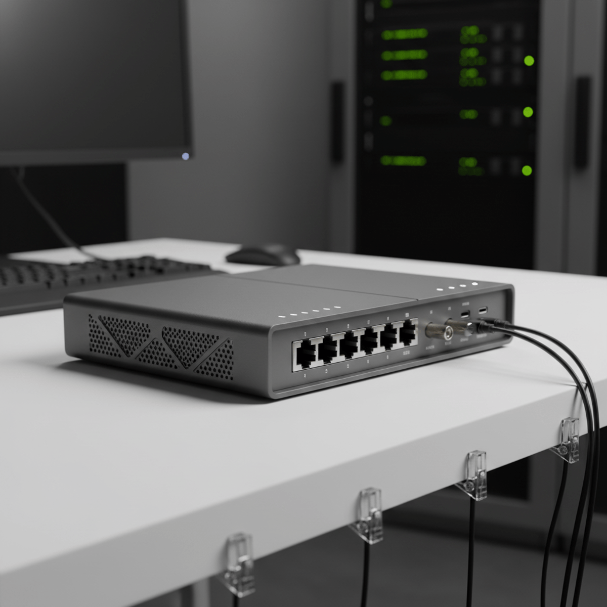 Modern router combo with matte graphite texture on a clean white workspace.