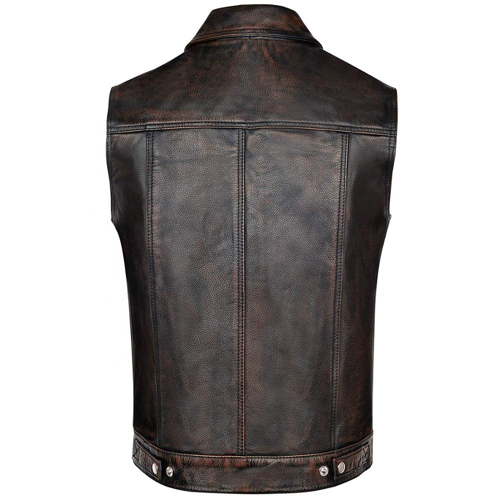 L Collarless Cordura Biker Waistcoat//Vest Black Real Leather Trim