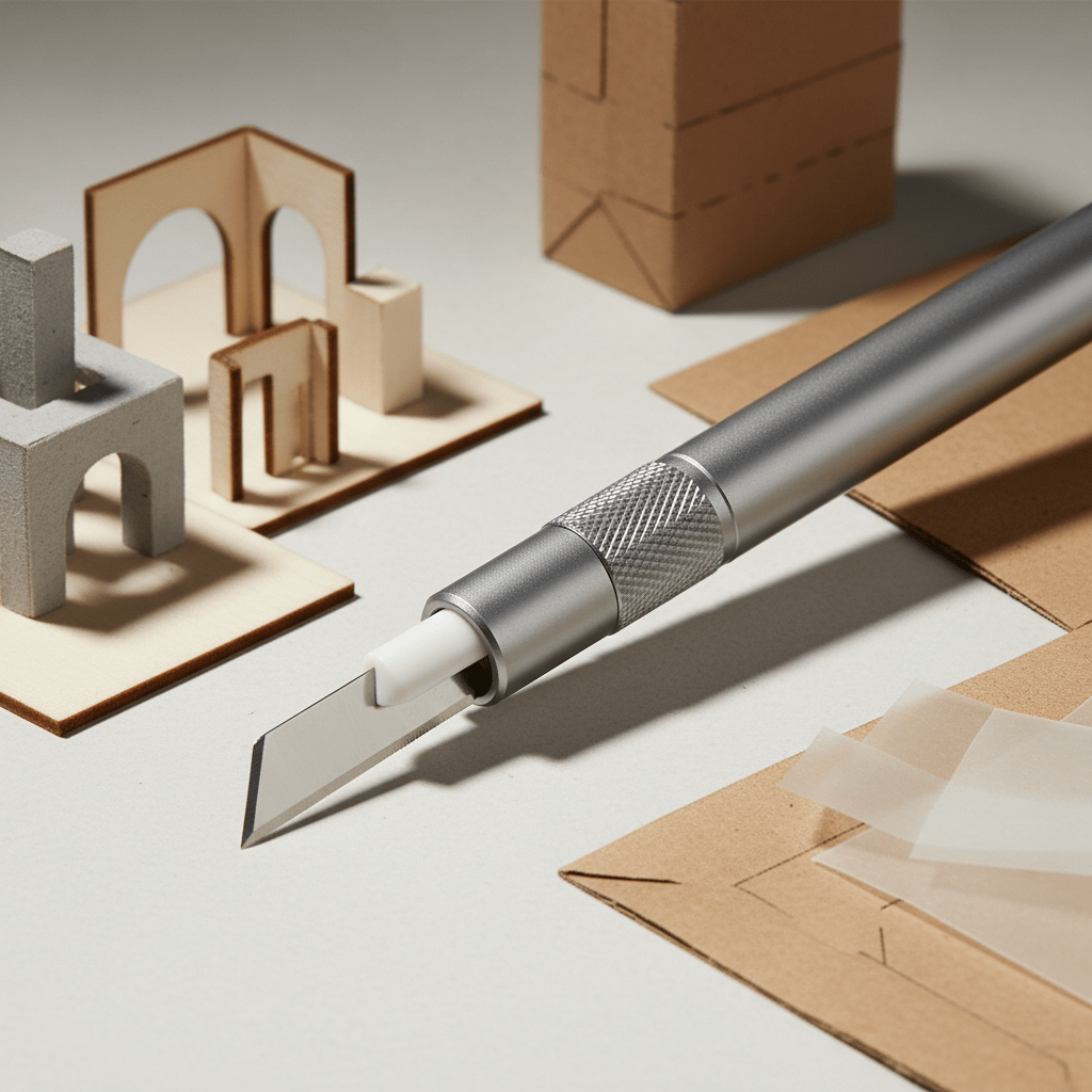 Modern pen-style craft knife with ceramic and steel blades cuts architectural models.