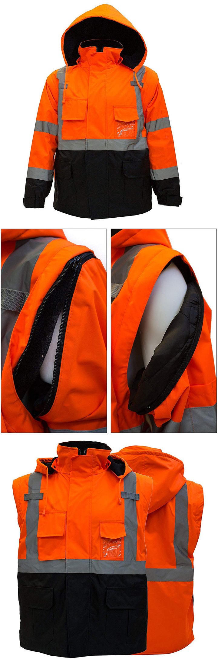 ZUJA Bottom Safety Jacket Reflective Fluo Orange Multi Pockets Adjustable Hood Black High Reflective Tape Customized Logo 10 Pcs