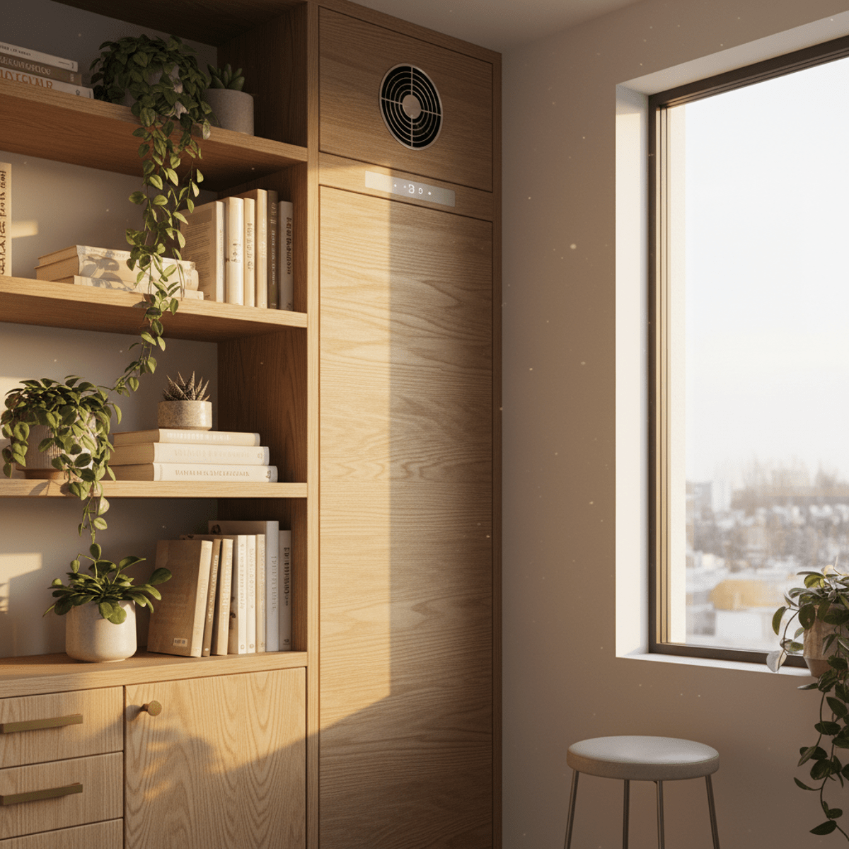 Slim air conditioner integrated into wooden shelving in a sunlit tiny home.