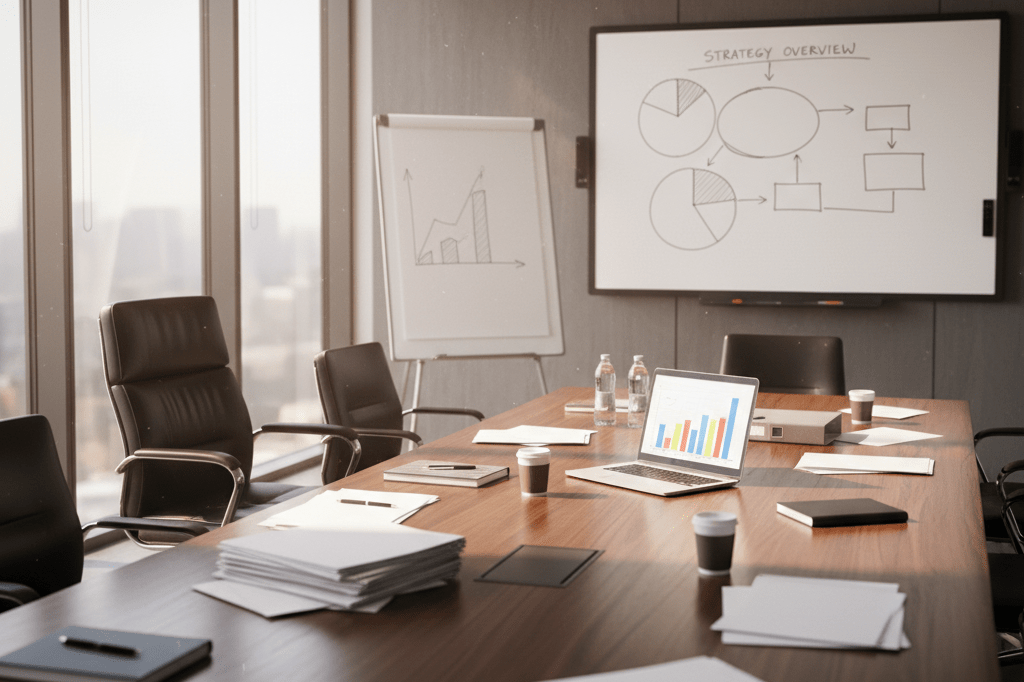 Empty office meeting room symbolizing post-leadership transition Wide shot of a modern meeting room with an empty executive chair under warm natural light, representing organizational shifts after unexpected exits