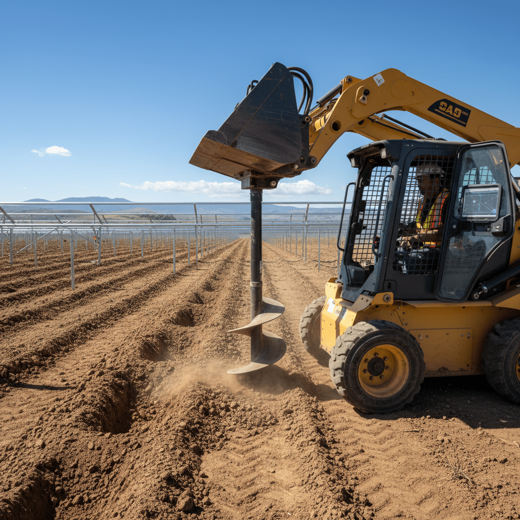Mini skid loader with auger drills holes for solar farm post foundations.