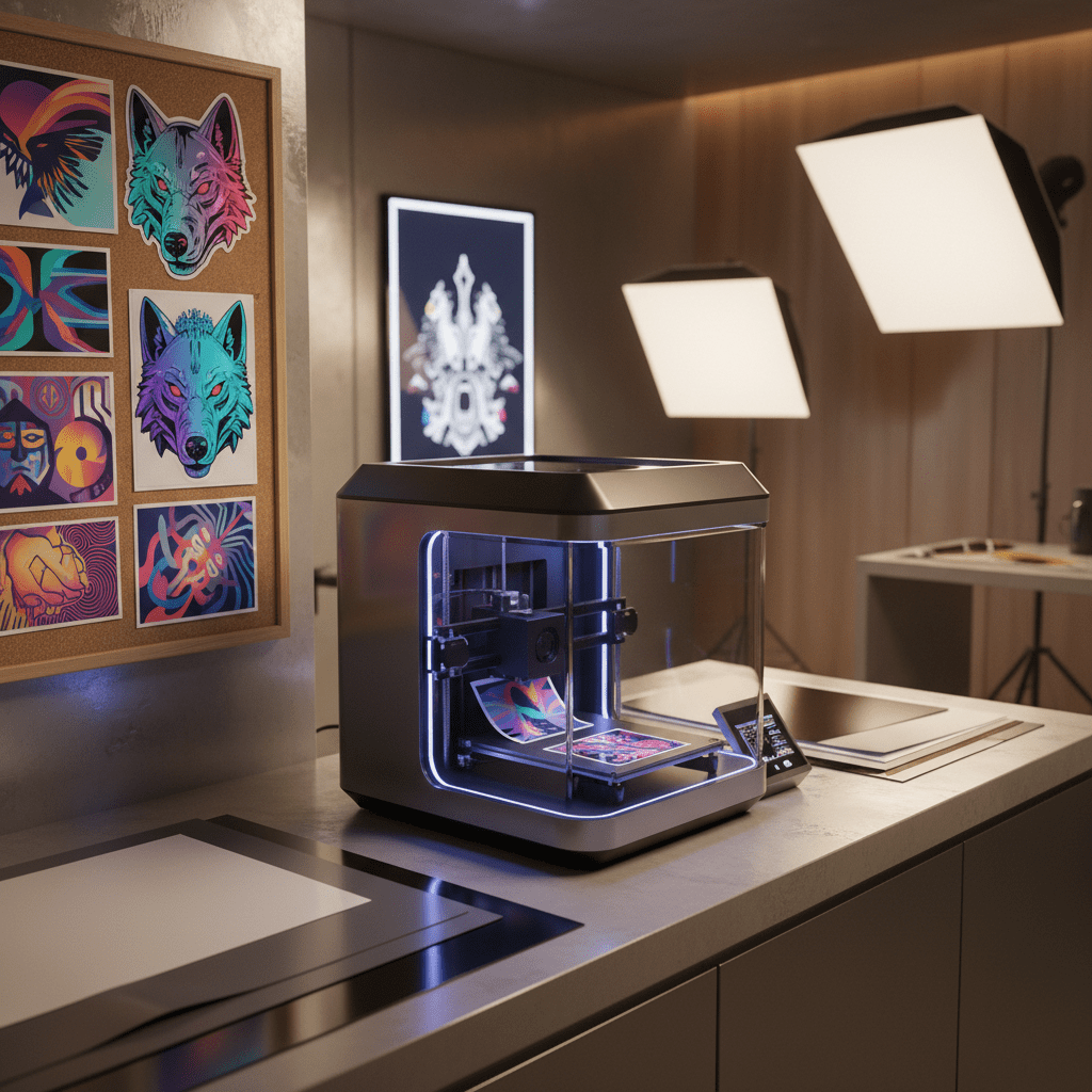 Futuristic workspace with printer outputting vivid art stickers on vinyl sheets.