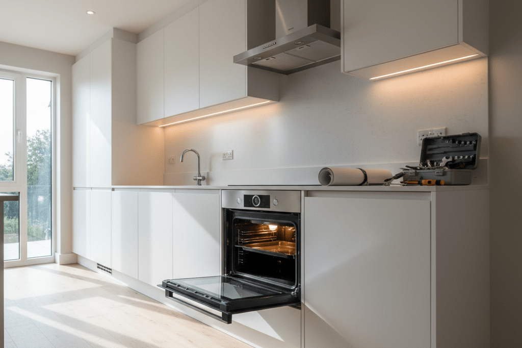 Unbranded oven with manual and tools on counter under natural light, suggesting appliance safety risk