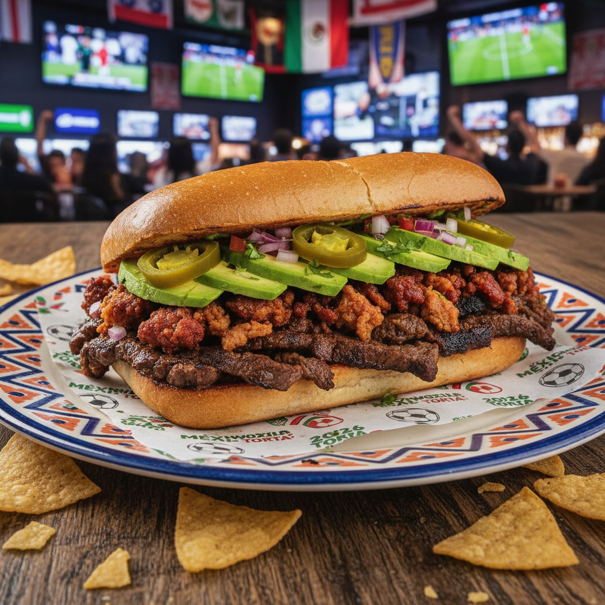 Vibrant Mexican torta with chorizo, carne asada, avocado, and jalapeños.