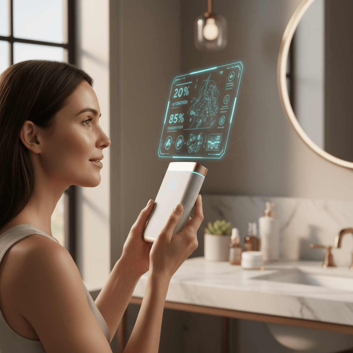 AI skincare device with holographic skin analysis in a modern bathroom.