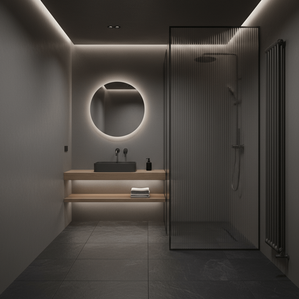 Modern minimalist bathroom with matte charcoal walls and dark slate flooring.
