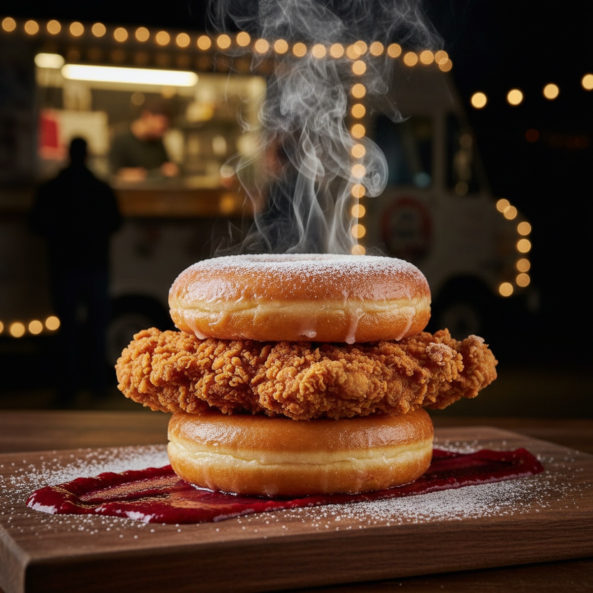 Crispy fried chicken sandwich between glazed donuts with raspberry coulis.