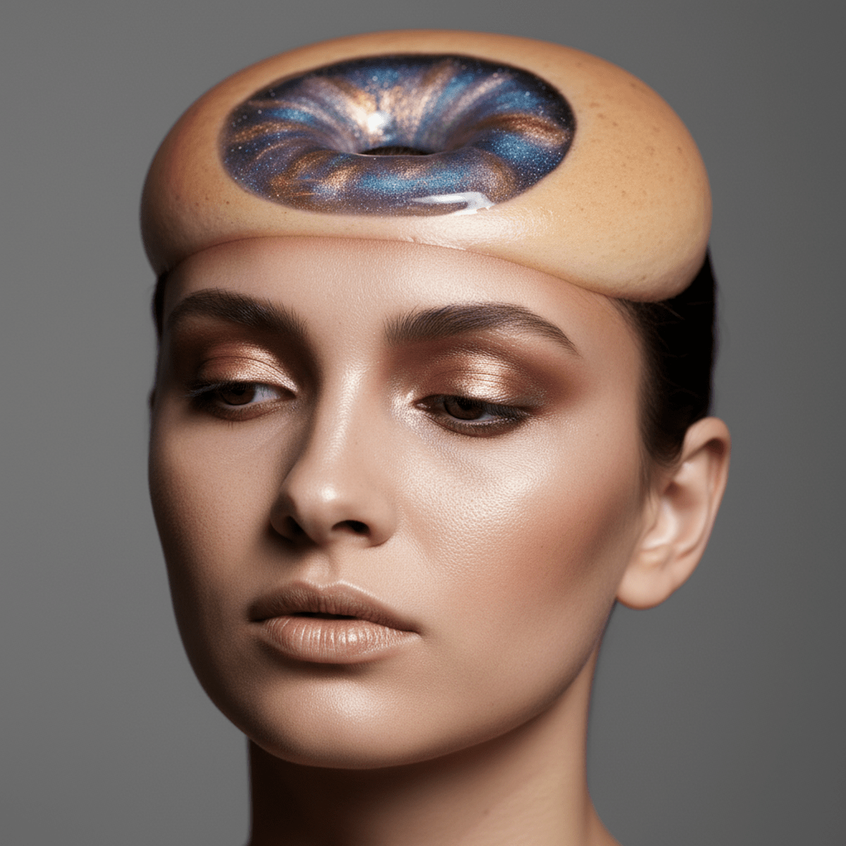 Model with avant-garde bagel head makeup creating a surreal portal illusion on forehead.