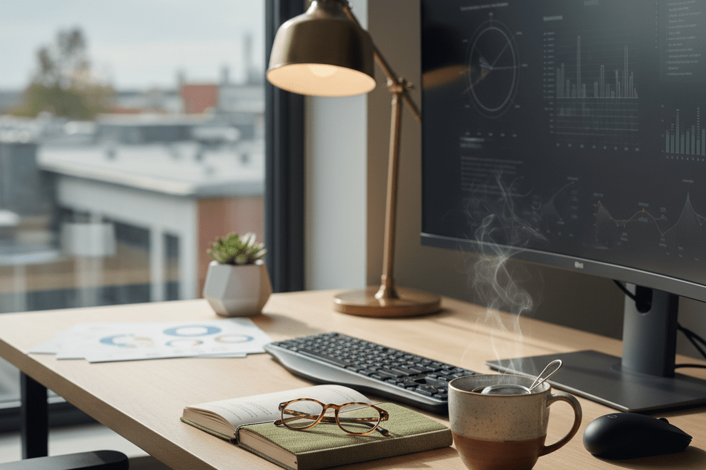 Desk featuring journal, herbal tea mug, and glasses symbolizing workplace wellness support for midlife professionals
