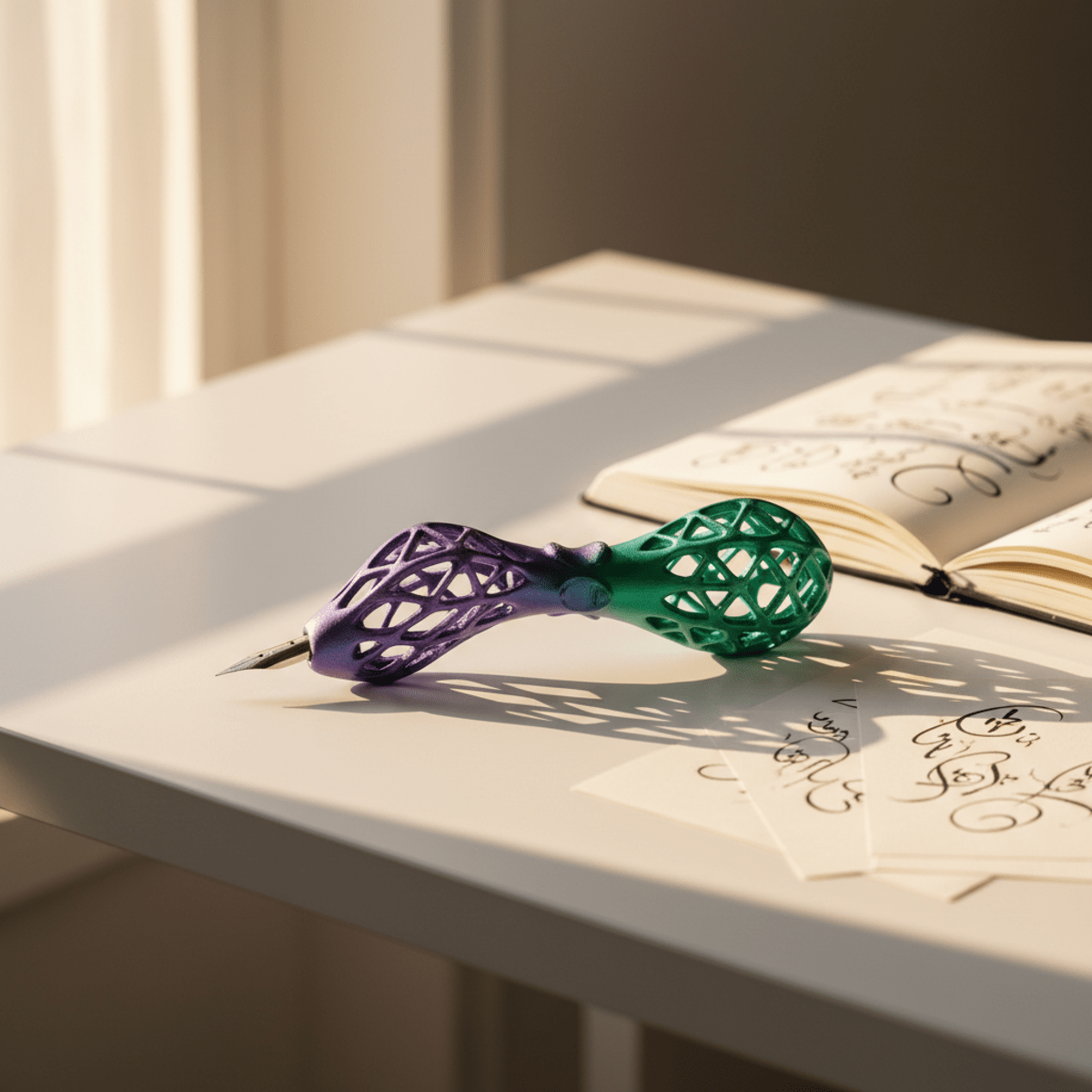 Futuristic 3D-printed calligraphy tool with iridescent finish on a minimalist desk.