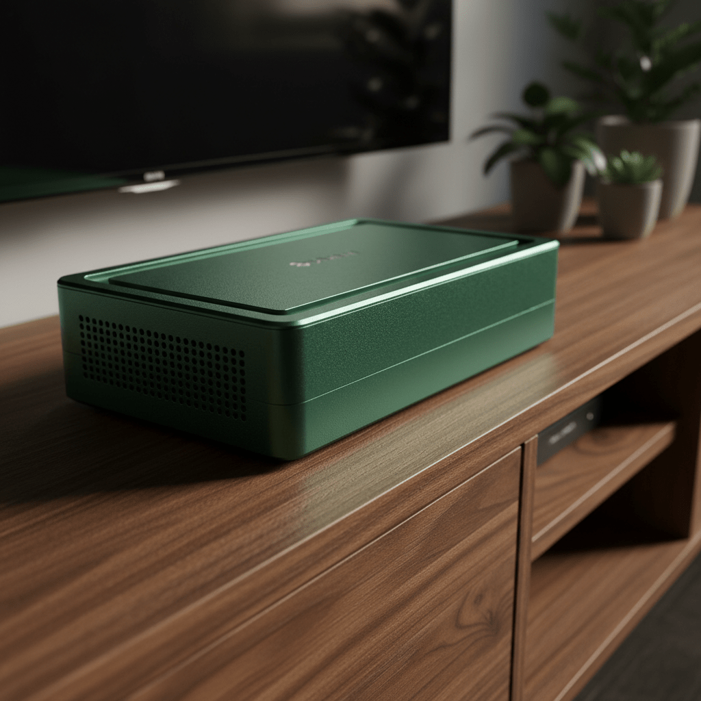 Brushed aluminum smart home router with green finish on a wooden entertainment center.