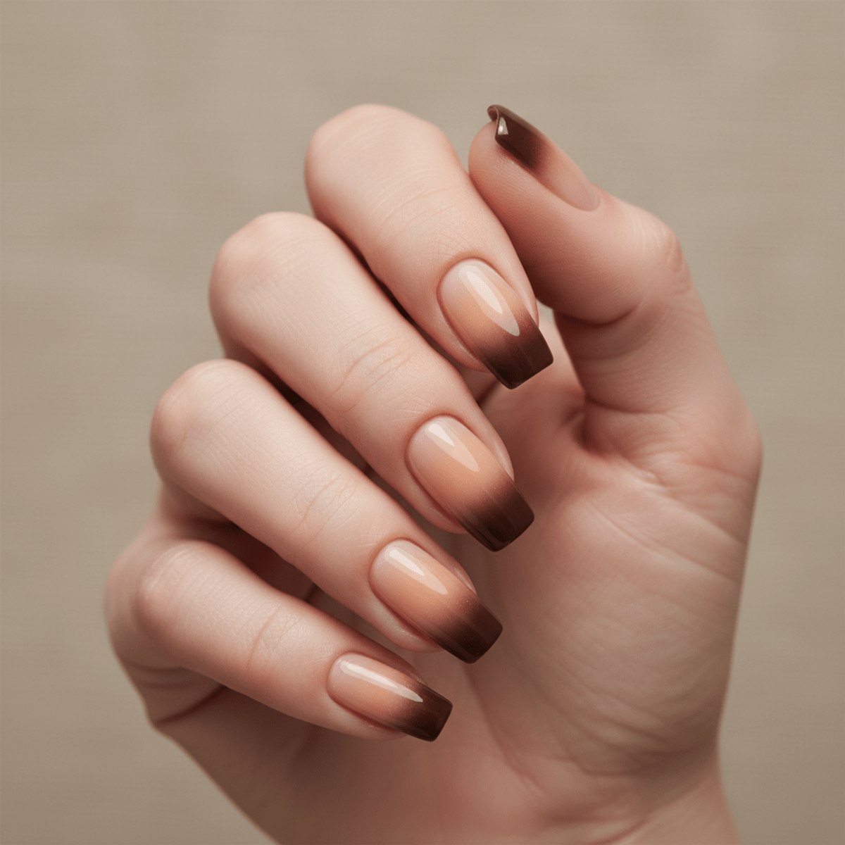 Close-up of woman's hand with mocha mousse ombré nails, smooth gradient, glossy finish.
