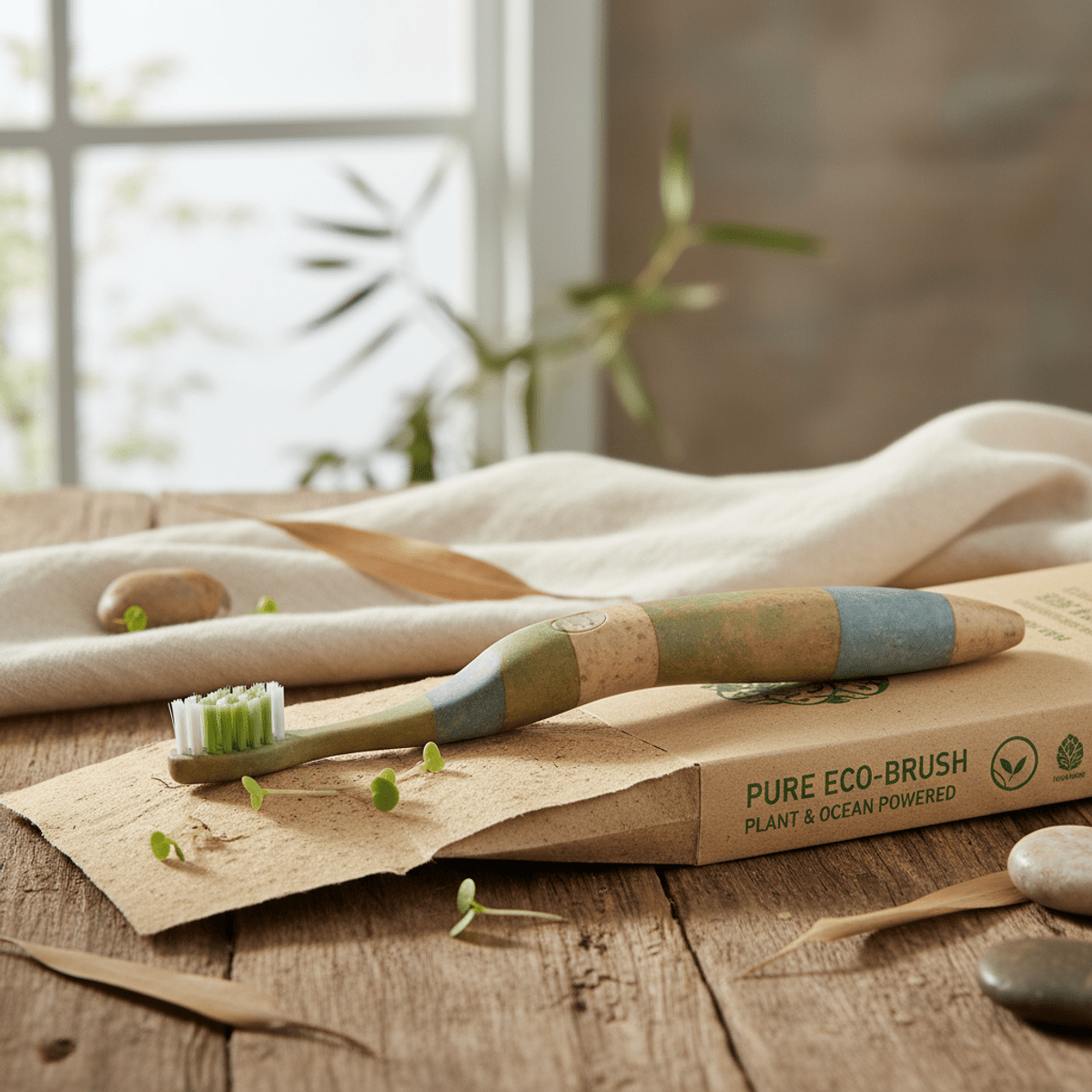 Bio-sustainable toothbrush made from bamboo and recycled ocean plastic on seed-paper packaging.